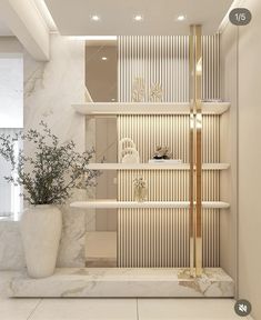 the interior of a modern apartment with marble shelves and planters on either side of the door