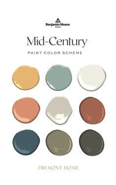 the different shades of paint in front of a white background with text that reads mid century paint color scheme