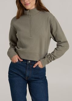 The Half-Zip Sweatshirt for Tall Women Cozy Meets Cool Styling Elevate your casual look with our Wearever 2.0 Half-Zip Cropped Sweatshirt for tall women. This fleece half-zip sweatshirt combines the warmth you need with the style you crave. Featuring a fashionable half zip and a ribbed hem to keep things chic and snug, this cropped women's tall sweatshirt is your new go-to for those chill vibes days. Long sleeves and a relaxed fit ensure you stay comfortable and covered in all the right places.• Cozy Fit Half-zip Top With Ribbed Cuffs, Sporty Outdoor Top With Ribbed Cuffs, Sporty Tops With Ribbed Cuffs For Outdoor, Athleisure Tops With Ribbed Cuffs For Outdoor, Casual Half-zip Loungewear Top, Casual Loungewear Half-zip Top, Cozy Half-zip Top With Ribbed Cuffs, Casual Cozy Fit Tops For Outdoor, Cotton Tops With Ribbed Cuffs For Outdoor Activities