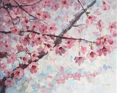 a painting of pink flowers on a tree branch