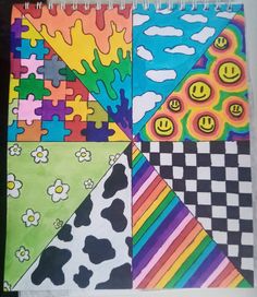 a spiral notebook covered in lots of different colored pieces of puzzle paper with smiley faces on them