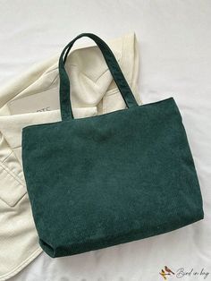 BirdinBag - Corduroy Shopper Bag with Coin Purse and Letter Patch Decoration Green Pattern, Shoulder Tote Bag, Shopper Bag, Save The Planet, Shoulder Tote, Womens Tote Bags, Coin Purse, Coin, Bag Lady