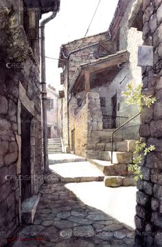 a painting of an alleyway with stone buildings and steps leading up to the second floor