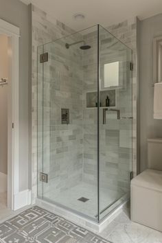 a walk in shower sitting inside of a bathroom