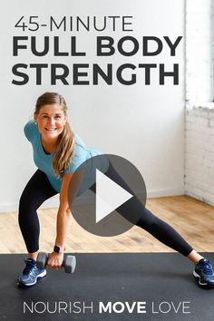 a woman doing push ups on a mat with the words, 45 - minute full body strength