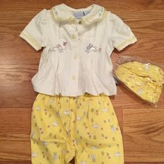 3 Piece Set Girls With Bunnies Shirt Pants And Hat Never Worn Brand New Yellow Cotton Sets For Spring, Playful Yellow Sets For Spring, Cute Yellow Spring Sets, Cute Yellow Cotton Sets, Playful Yellow Fitted Sets, Playful Fitted Yellow Sets, Fitted Yellow Playful Sets, Yellow Cotton Playtime Sets, Easter Color