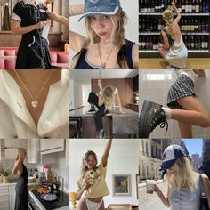 a collage of photos with women wearing hats and clothing in the same photo, one woman is holding up her hat