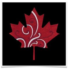 a red and white maple leaf with swirls on it's side, against a black background