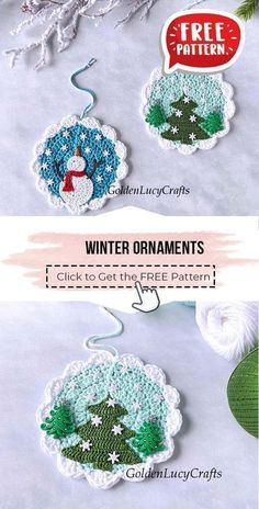 two crocheted christmas ornaments are shown with the words winter ornaments below it and below them