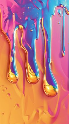 colorful liquid flowing down the side of a yellow and pink wall with drops of water on it