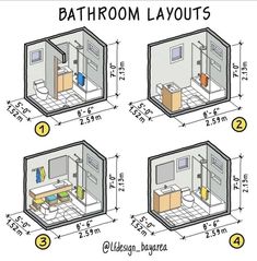 four bathroom layouts are shown in three different ways