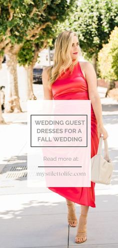 a woman in a red dress holding a sign that says, wedding guest dresses for a fall wedding read more at my style boutique