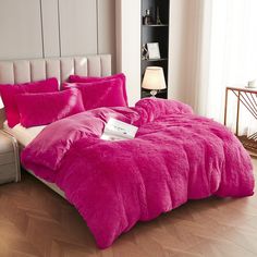 PRICES MAY VARY. SIZE INFORMATION: Twin:1 pc duvet cover 66"x90" Queen:1 pc duvet cover 90"x90". King:1 pc duvet cover 104"x90". No inside filler. No pillowcases. No comforter. MATERIALS: Silky backside contrast to the 40mm high furry shaggy long faux fur front. Incredibly soft and cuddly. Suitable for any occasions like house décor, Christmas, birthdays, weddings, anniversary, house warming present, and get well gifts. CRAFT: Hidden zipper closure design easy to clean, ties inside to hold duvet Pink Dorm Room Decor, Hot Pink Bedrooms, Pink Dorm Rooms, Luxury Bedspreads, Pink Dorm, Velvet Bedspread, Pink Comforter, Pink Duvet Cover, Velvet Bed