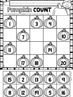 the pumpkin count game is shown with numbers to 10 and an image of two pumpkins