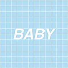 the word baby written in white on a light blue tiled background with squares and rectangles