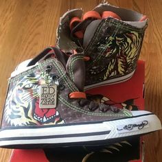 Ed Hardy Kids Highrise Chocolate Canvas Hi Top Athletic Sneaker Shoe Size 3 -4-5 Nwt In A Original Box Brown Low-top Sneakers For School, Brown Round Toe Sneakers For School, Ed Hardy Shoes, Holiday Wishlist, Aesthetic Streetwear, Shoes Outfit Fashion, Fashion Vocabulary, Shoes Outfit, Hype Shoes