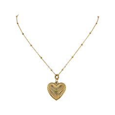 Fall in love with this glamorous gold striped heart necklace, inspired by the iconic piece worn by Barbie in the movie. Let it take center stage of your outfit with its feminine flair and delicate detailing. Add a touch of edgy glamour to your look with this unique and timeless piece. Exquisite Elegance and Unmatched Quality Available in luxurious gold or silver Crafted from 18K PVD Gold Stainless Steel Chain lengths (18") with a 2" extender Water and Tarnish Resistant Measures: 19mm x 19mm Bask Gold-tone Gold-plated Heart Necklace, Gold-tone Gold Plated Heart Necklace, Elegant Brass Heart Necklace, Elegant Heart-shaped Brass Necklace, Gold-tone Heart Necklace With Delicate Chain, Chic Heart-shaped Necklace With Delicate Chain, Heart Shaped Brass Necklaces, Gold Heart Pendant Necklace With Heart Beads, Gold Plated Necklaces With Heart Beads