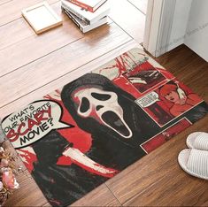 a door mat that has a cartoon character on it with the words what's your scary movie?