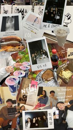 a collage of photos and pictures with people eating food, drinking beverages and talking on the phone