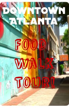 the words food walk tour written in red on a city street with buildings and graffiti