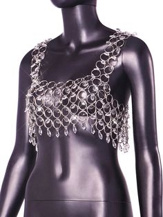 Diamond embellished metal crop top. Chainmail Body Jewelry, Silver Fitted Crop Top With Rhinestones, Silver Rhinestone Fitted Crop Top, Rhinestone Embellished Crop Top For Summer, Rhinestone Embellished Cropped Top For Summer, Glamorous Silver Crop Top With Rhinestones, Summer Rhinestone Crop Top, Summer Crop Top With Rhinestones, Evening Crop Top With Rhinestones