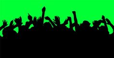 a crowd of people raising their hands up in the air against a bright green background