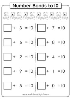 the worksheet for addition to 10 is shown with numbers and teddy bears on it