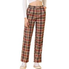 These trousers are essential for dressing up or down. Lightweight fabric, covered in a plaid pattern, shapes these trendy trousers with a high-rise fit. How it is a bit high waist and how it gathers at the waist adding shape to the body. You may love everything about these trousers, from their regular fit to the elastic high-waist, which could double as a hiding mechanism for women with love-handles. Style these trousers with a crop top and heels for the ultimate look. Occasion: Shopping, Social Trendy Trousers, Plaid Pants Women, Trendy Trouser, Long Trousers, Plaid Fashion, Plaid Pants, Trendy Clothes For Women, Casual Work, Khaki Color