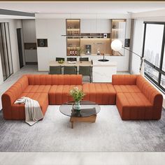 an orange sectional sofa in a modern living room