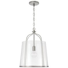 a light fixture with a glass shade hanging from it's ceiling lamp holder and chain