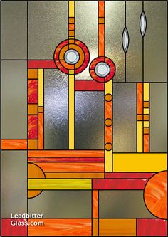 a stained glass window with an abstract design in orange, yellow and grey colors on it