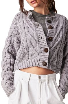 Free People Bonfire Cable Knit Cardigan | Nordstrom Cable Knit Cotton Cropped Sweater For Fall, Cotton Cable Knit Cropped Sweater For Fall, Oversized Cotton Cable Knit Cardigan, Oversized Cable Knit Cotton Cardigan, Cozy Cotton Cable Knit Cardigan, Trendy Cable Knit Cotton Outerwear, Trendy Cotton Cable Knit Outerwear, Button Up Sweater, Cozy Cardigan