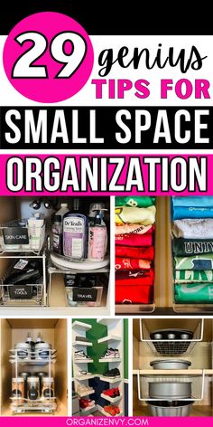 Collage of photos showing organizing ideas under a small bathroom sink, t-shirts in drawer organizers, spice storage in a small cabinet, shoes stored on wall shelves, and baking pans in a small cabinet. Small Wall Collage Ideas, Wall Collage Ideas Bedroom, Small Wall Collage, Tips For Small Bedrooms, Small Laundry Room Storage Ideas, Sewing Room Organization Diy, Diy Storage For Small Spaces, Small Space Kitchen Storage