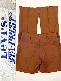 "Vintage 70's Sta-Prest, Levi's 646, Bell Bottom, Pants (W30) These Levi's 646 bell bottom pants come in a copper brown with two back pockets, (front pockets are sewn shut) and has a metal zipper fly, belt loops, bell bottom flare. The fabric is a light weight and is with Stretch. Dated: 5/78. Cotton Polyester Made in USA *The Black Levi's Tab has been cut off. *Free shipping within the US, and will go Priority Mail for a quick delivery! Size: (W30\" x L32\")  (Tag Size: 30x36) Waist: 30\"  Hips Vintage Fitted Pants For Fall, Vintage Pants For Fall, Vintage Trousers For Fall, 70s Inspired Straight Leg Pants For Fall, Vintage Wide Leg Bottoms For Fall, Fall Vintage Wide Leg Bottoms, Vintage Straight Leg Pants For Fall, Vintage Brown Bottoms For Fall, Retro Brown Pants For Fall