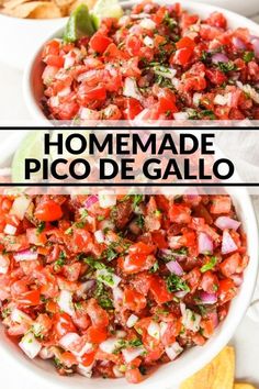 homemade pico de gallo salsa in a bowl with tortilla chips on the side