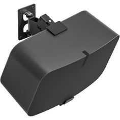 an image of a black speaker with a metal bracket on the back side of it