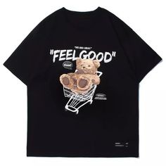 “FEEL GOOD” Bear T-Shirt Little Bear Cartoon, Hip Hop Street Style, Jeans Patchwork, Harajuku Streetwear, Streetwear Tops, Bear T Shirt, Loose Shorts, Style Streetwear, Streetwear Women