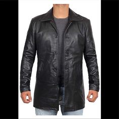 Very High Quality Natural Leather. New With Tags Large Armpit 23 Lenght 32 Casual Black Leather Jacket With Lapel Collar, Urban Fitted Outerwear With Button Closure, Black Casual Leather Jacket With Snap Buttons, Casual Black Leather Jacket With Snap Buttons, Black Urban Blazer For Fall, Urban Black Blazer For Fall, Urban Black Fall Blazer, Casual Black Single-breasted Leather Jacket, Black Urban Outerwear With Snap Buttons