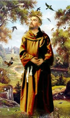 a painting of a man standing in front of trees with birds flying around his neck