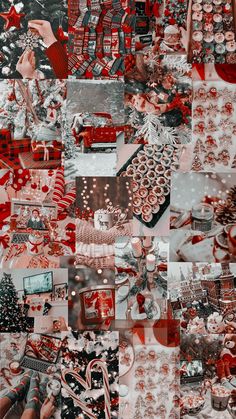 a collage of red and white pictures with christmas decorations on them, including gifts