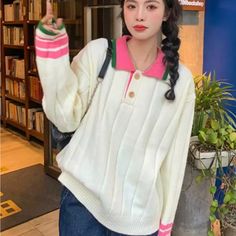 Off White Sweater With Pink And Green (Aka Colors) Trim Cozy Texture New Never Worn. Fits Size 10-12. Casual White Collared Sweater, Preppy Pink Tops For Fall, Button Front Sweater, Cozy Texture, White Sweater, Beauty Expert, Fall Outfits Women, Contrast Trim, Pattern Blocks