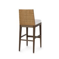 an upholstered bar stool with a white seat and brown frame, against a white background