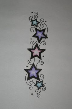 an artistic tattoo design with stars and swirls on the side of a white wall