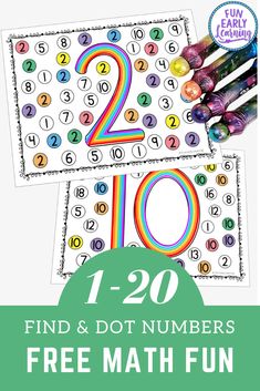 two printable numbers to 20 and twenty with the text find and do numbers free math fun