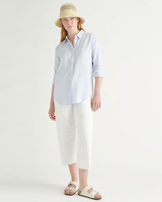 This shirt is the epitome of low-maintenance luxe. As a button-up, it's a classic wardrobe essential, but we love to wear it open as a spring/summer light layer. Our linen is made from 100% European flax, which is more sustainable and less resource-intensive to grow. Linen is the ultimate year-round fabric because it's breathable and naturally heat-regulating.  | Quince | Women's Long Sleeve Shirt in Light Blue, Size Medium, Linen Classic Wardrobe Essentials, Wide Leg Linen Pants, Classic Wardrobe, European Linens, Womens Long Sleeve Shirts, Light Summer, Linen Clothes, Natural Fabrics, Classic Shirt