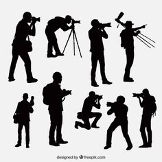 silhouettes of people taking pictures with their cameras and tripod's in different poses