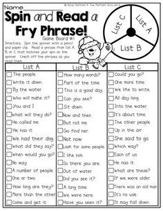 the spin and read fry phrase worksheet is shown in black and white