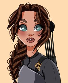 a cartoon character with long hair and blue eyes, holding an arrow in her hand