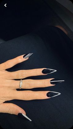 Villain Era Nails, Black Tip Stiletto Nails, Black Stripe Nails, Fancy Black Nails, Black And White Nails Acrylic, Goth Acrylic Nails, Nails Black And White, White Stiletto Nails, Black And White Nail