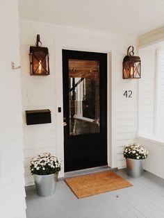 a black front door with two potted flowers on the porch